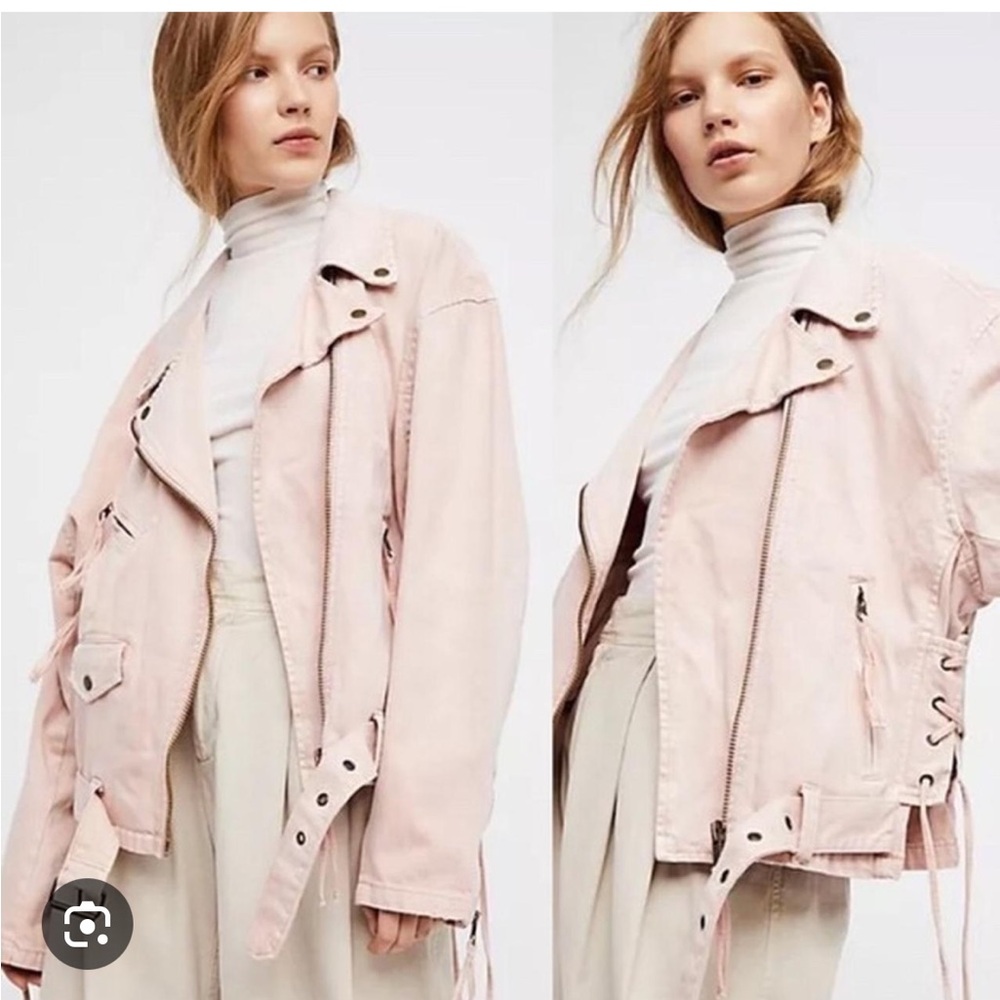 FREE PEOPLE Pink Denim Moto Jacket